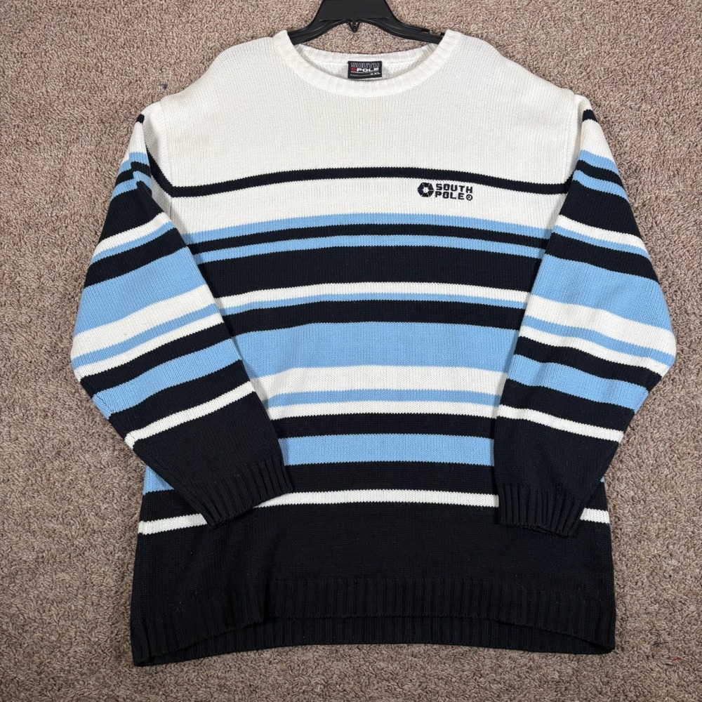 Southpole Mens XXL Striped Knit Sweater White Blue Navy Y2K Streetwear Crewneck